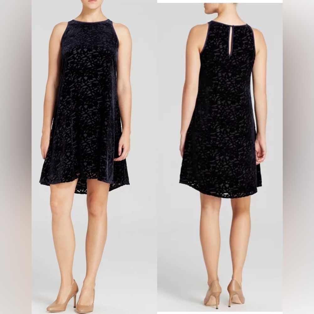 Eileen Fisher Velvet Burnout Dress Black Silk blend Festive Holiday , size XS